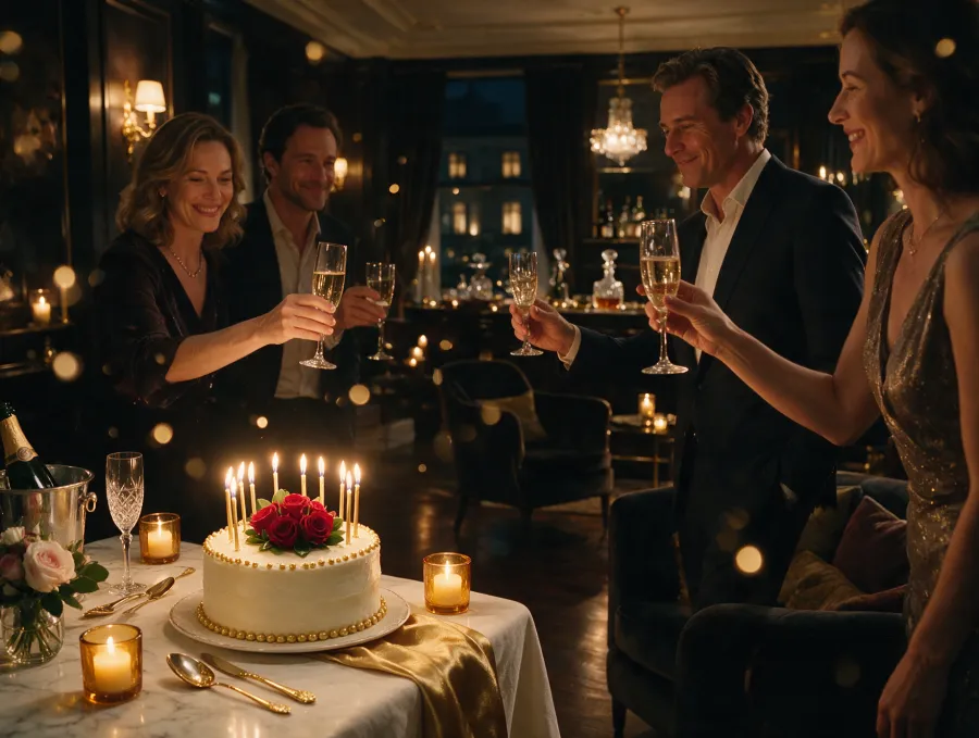 Brinde de aniversário com bolo e velas em lounge elegante